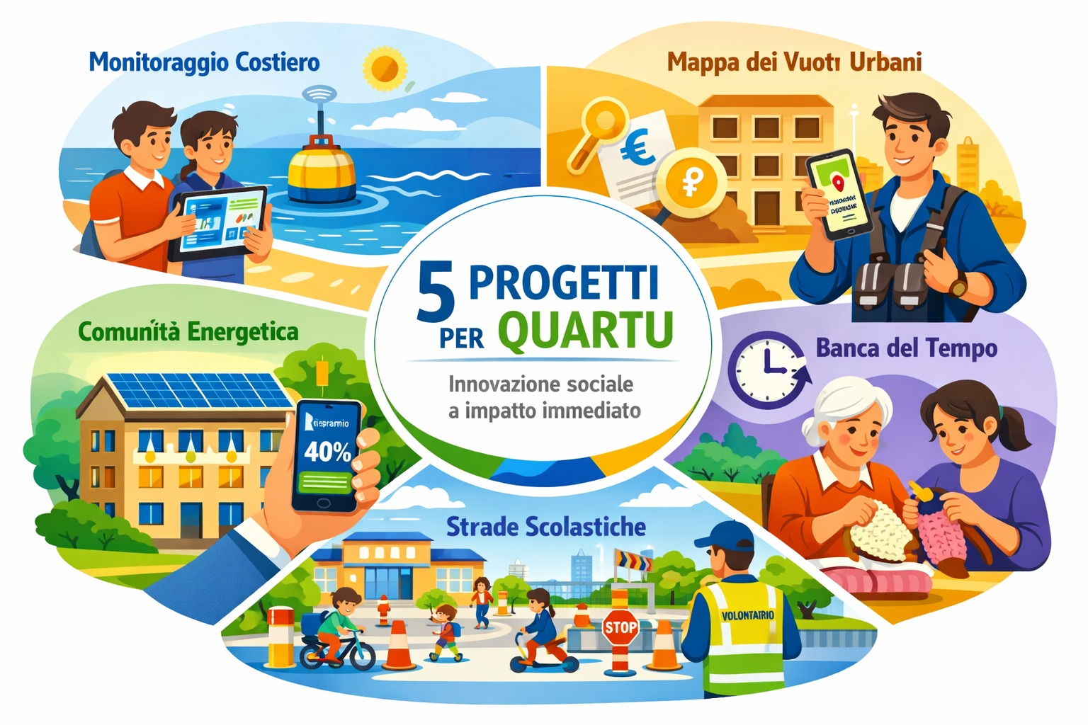 Infografica 5 Progetti per Quartu: Monitoraggio Costiero, Mappa Vuoti Urbani, Comunità Energetica, Banca del Tempo, Strade Scolastiche